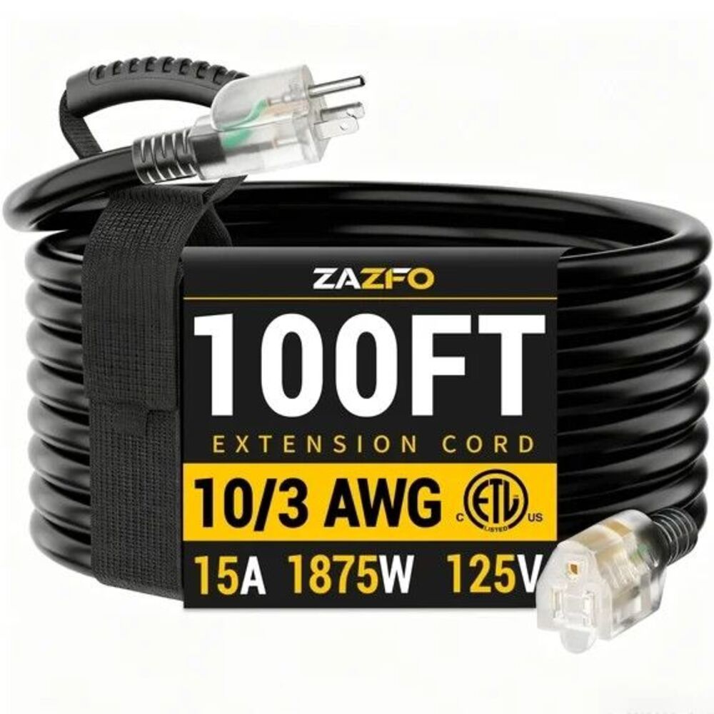 ZAZFO 100ft 10 Gauge Heavy Duty Extension Cord SJTW 3 Prong Lighted End Outdoor